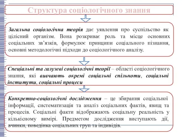 Структура соціологічного знання Загальна соціологічна теорія дає уявлення про суспільство як