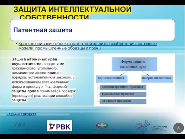 ЗАЩИТА ИНТЕЛЛЕКТУАЛЬНОЙ СОБСТВЕННОСТИ НАЗВАНИЕ ПРОЕКТА Защита патентных прав осуществляется средствами гражданского,