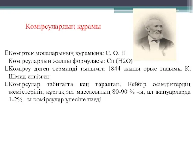 Көмірсулардың құрамы Көміртек молаларының құрамына: С, О, Н Көмірсулардың жалпы формуласы: