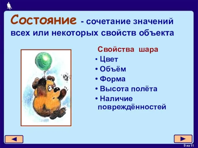 Состояние - сочетание значений всех или некоторых свойств объекта Свойства шара