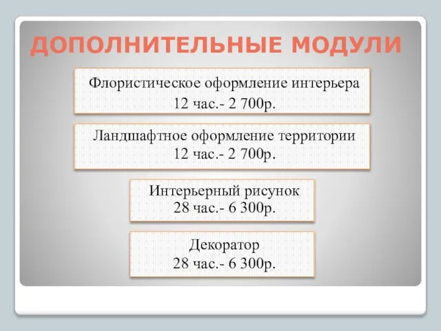 ДОПОЛНИТЕЛЬНЫЕ МОДУЛИ Интерьерный рисунок 28 час.- 6 300р. Декоратор 28 час.-