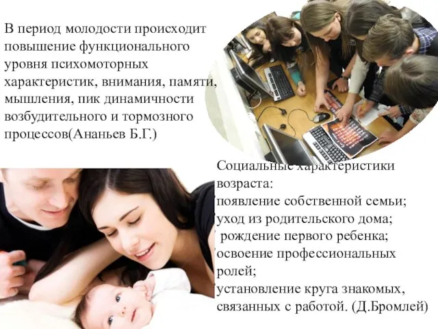 Социальные характеристики возраста: появление собственной семьи; уход из родительского дома; рождение