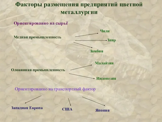 Факторы размещения предприятий цветной металлургии Ориентированно на сырьё Ориентированно на транспортный фактор Западная Европа США Япония