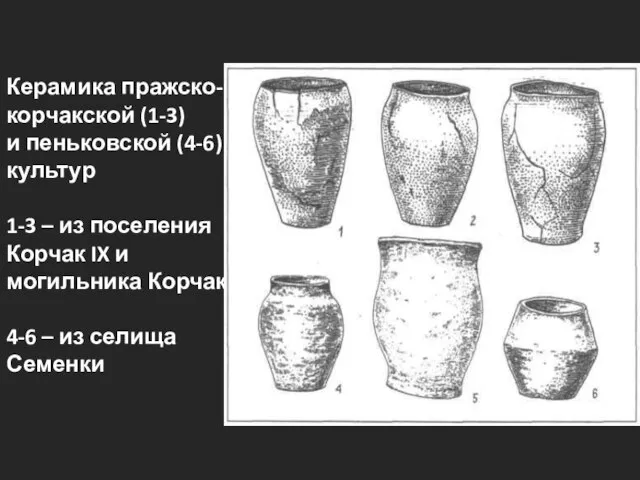 Керамика пражско-корчакской (1-3) и пеньковской (4-6) культур 1-3 – из поселения