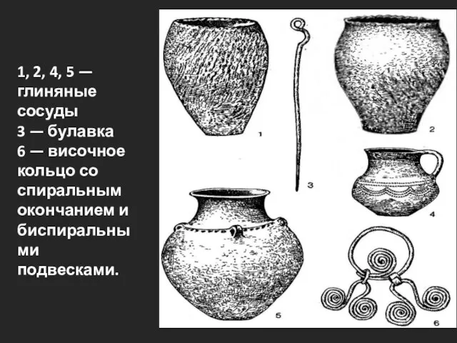 1, 2, 4, 5 — глиняные сосуды 3 — булавка 6