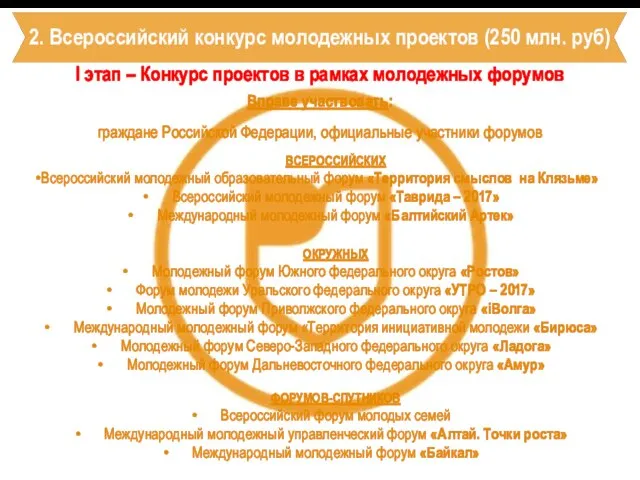 2. Всероссийский конкурс молодежных проектов (250 млн. руб) I этап –