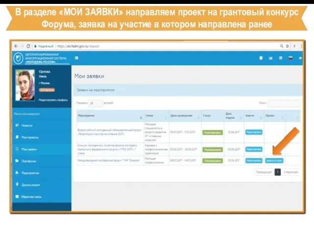 В разделе «МОИ ЗАЯВКИ» направляем проект на грантовый конкурс Форума, заявка