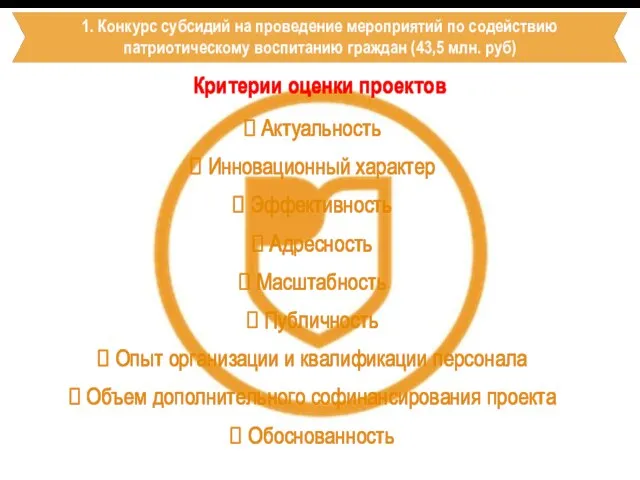 1. Конкурс субсидий на проведение мероприятий по содействию патриотическому воспитанию граждан