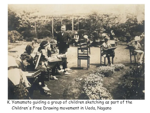 K. Yamamoto guiding a group of children sketching as part of