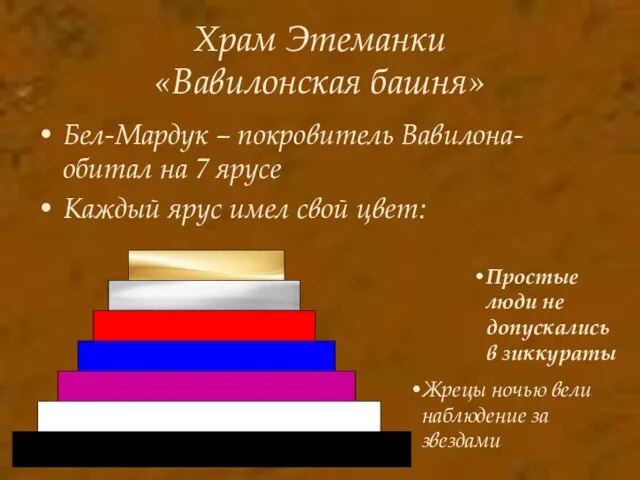 Храм Этеманки «Вавилонская башня» Бел-Мардук – покровитель Вавилона- обитал на 7