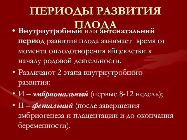 ПЕРИОДЫ РАЗВИТИЯ ПЛОДА Внутриутробный или антенатальний период развития плода занимает время