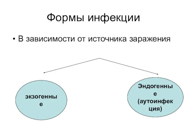 Формы инфекции В зависимости от источника заражения экзогенные Эндогенные (аутоинфекция)