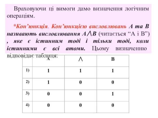 Враховуючи ці вимоги дамо визначення логічним операціям. *Кон’юнкція. Кон’юнкцією висловлювань А