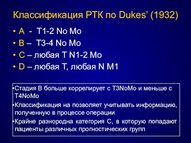 Классификация РТК по Dukes’ (1932) А - Т1-2 No Mo B