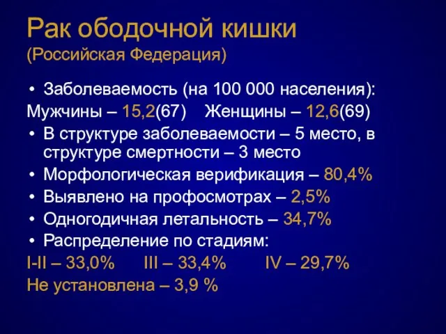 Рак ободочной кишки (Российская Федерация) Заболеваемость (на 100 000 населения): Мужчины