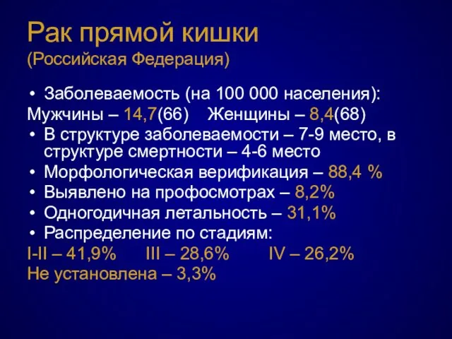 Рак прямой кишки (Российская Федерация) Заболеваемость (на 100 000 населения): Мужчины