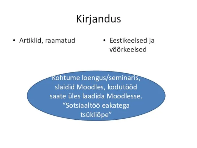 Kirjandus Artiklid, raamatud Eestikeelsed ja võõrkeelsed Kohtume loengus/seminaris, slaidid Moodles, kodutööd