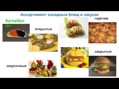 Ассортимент холодных блюд и закусок открытые горячие закусочные закрытые Бутерброды