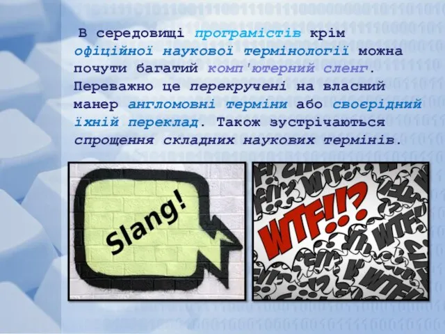 В середовищі програмістів крім офіційної наукової термінології можна почути багатий комп'ютерний