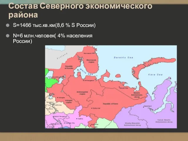 Состав Северного экономического района S=1466 тыс.кв.км(8,6 % S России) N=6 млн.человек( 4% населения России)