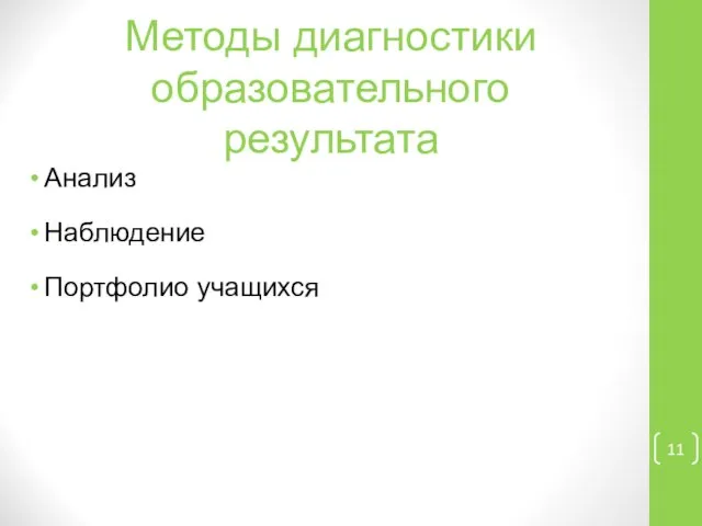 Методы диагностики образовательного результата Анализ Наблюдение Портфолио учащихся