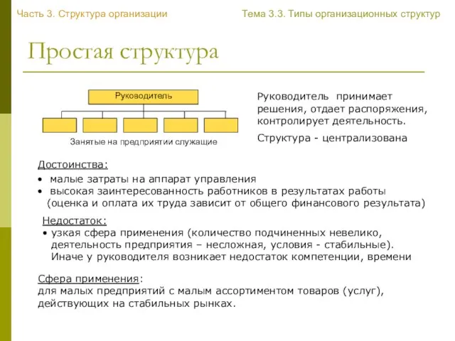 Простая структура Руководитель принимает решения, отдает распоряжения, контролирует деятельность. Структура -