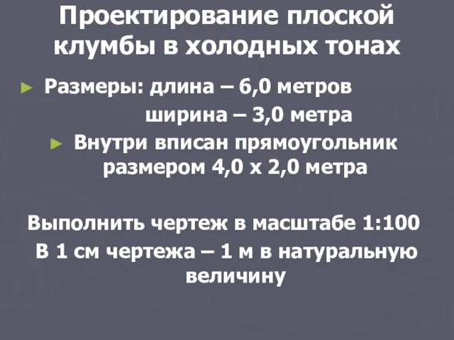 Проектирование плоской клумбы в холодных тонах Размеры: длина – 6,0 метров