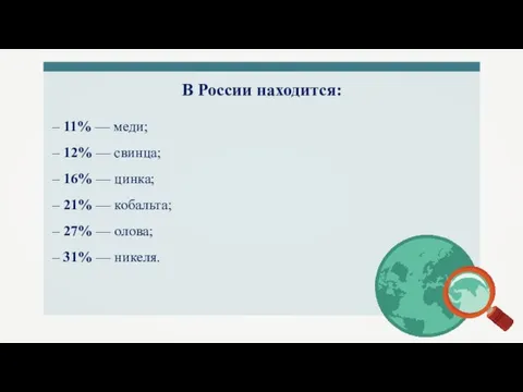 В России находится: – 11% — меди; – 12% — свинца;