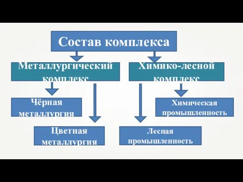 Состав комплекса Металлургический комплекс Лесная промышленность Цветная металлургия Чёрная металлургия Химическая промышленность Химико-лесной комплекс