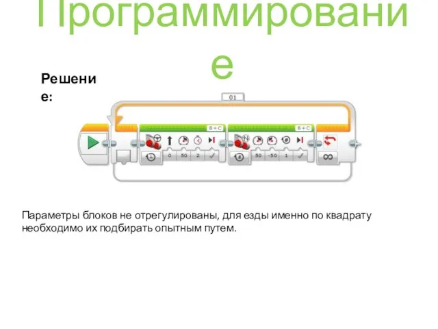 Программирование Решение: Параметры блоков не отрегулированы, для езды именно по квадрату необходимо их подбирать опытным путем.