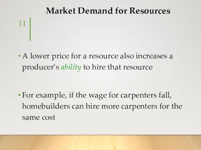 Market Demand for Resources A lower price for a resource also