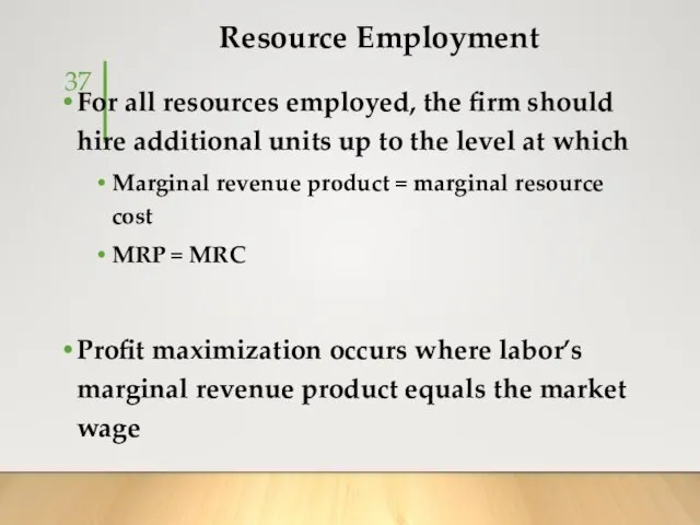 Resource Employment For all resources employed, the firm should hire additional