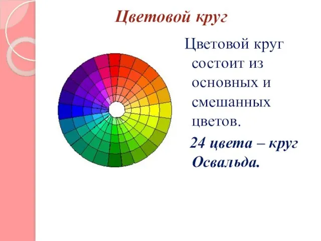 Цветовой круг Цветовой круг состоит из основных и смешанных цветов. 24 цвета – круг Освальда.