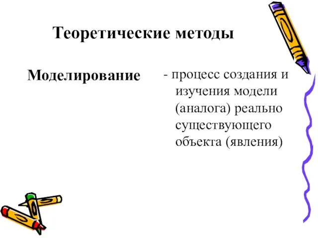 Теоретические методы Моделирование - процесс создания и изучения модели (аналога) реально существующего объекта (явления)