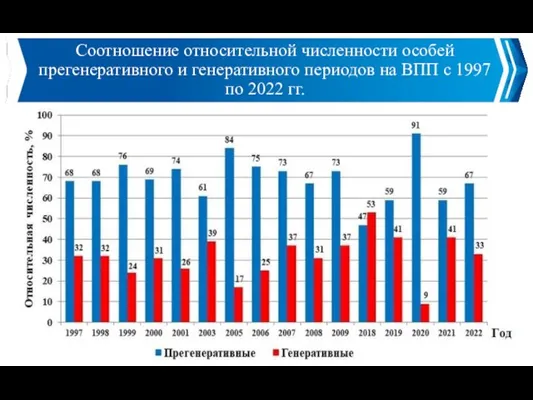 Соотношение относительной численности особей прегенеративного и генеративного периодов на ВПП с 1997 по 2022 гг.