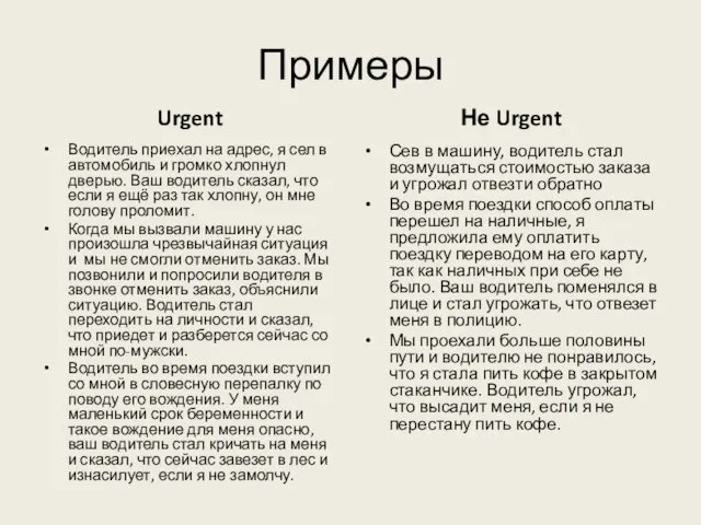 Примеры Urgent Водитель приехал на адрес, я сел в автомобиль и