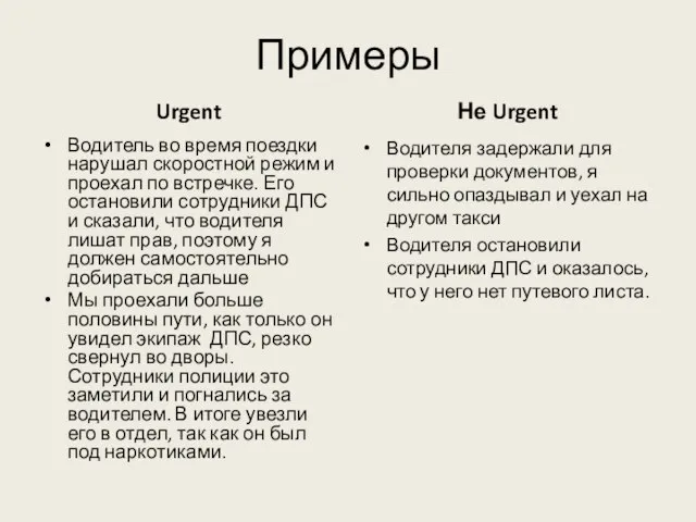 Примеры Urgent Водитель во время поездки нарушал скоростной режим и проехал