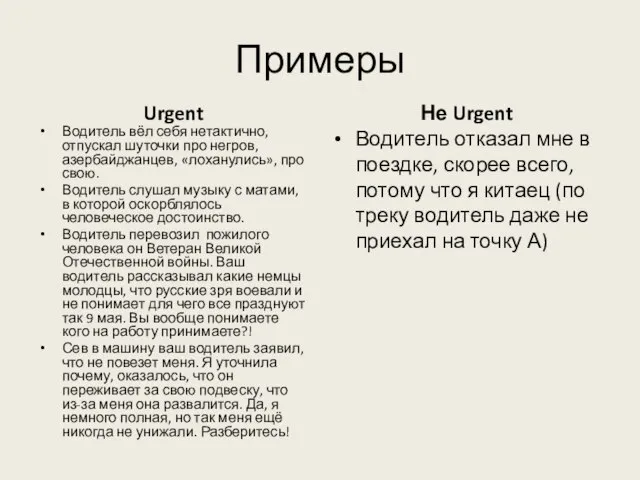 Примеры Urgent Водитель вёл себя нетактично, отпускал шуточки про негров, азербайджанцев,