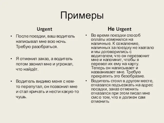 Примеры Urgent После поездки, ваш водитель написывал мне всю ночь. Требую