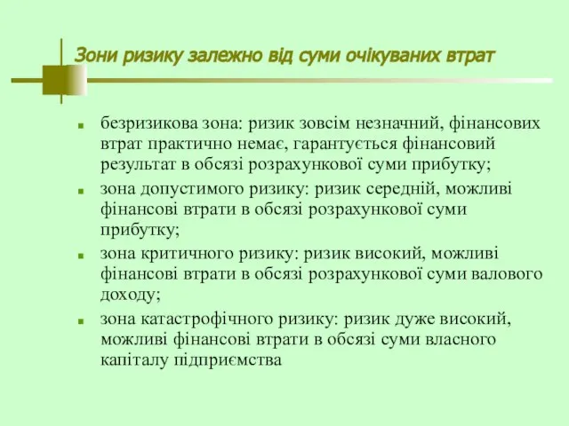 Зони ризику залежно від суми очікуваних втрат безризикова зона: ризик зовсім