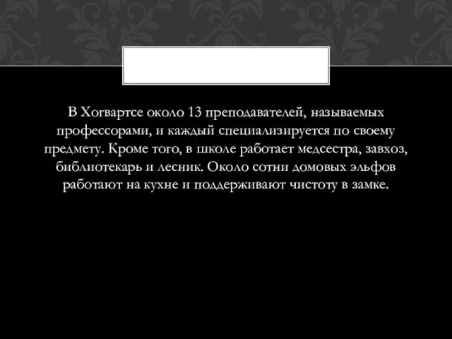 В Хогвартсе около 13 преподавателей, называемых профессорами, и каждый специализируется по