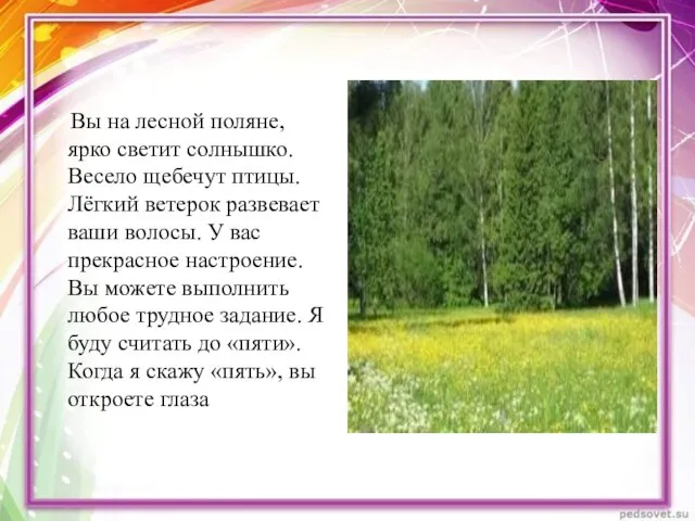 Вы на лесной поляне, ярко светит солнышко. Весело щебечут птицы. Лёгкий