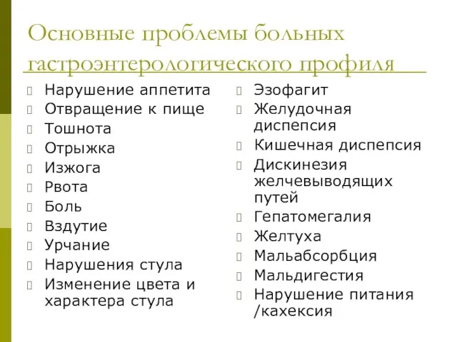 Основные проблемы больных гастроэнтерологического профиля Нарушение аппетита Отвращение к пище Тошнота