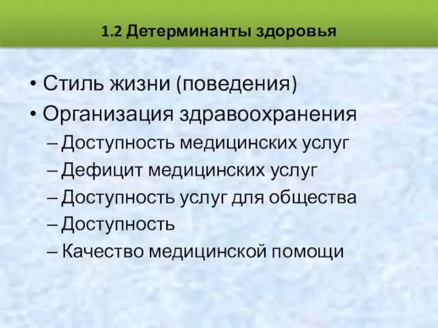 Стиль жизни (поведения) Организация здравоохранения Доступность медицинских услуг Дефицит медицинских услуг