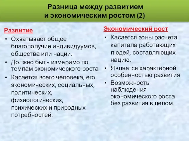 Развитие Охватывает общее благополучие индивидуумов, общества или нации. Должно быть измеримо