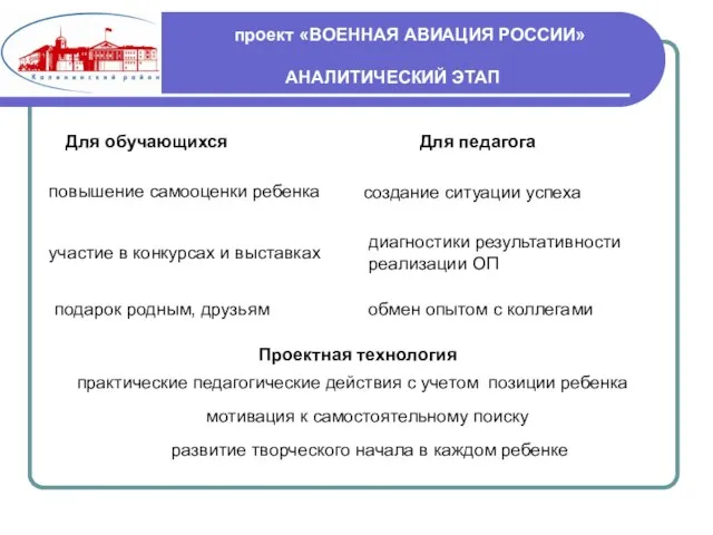 проект «ВОЕННАЯ АВИАЦИЯ РОССИИ» АНАЛИТИЧЕСКИЙ ЭТАП Для педагога Для обучающихся создание