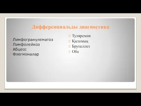 Дифференциальды диагностика Лимфогранулематоз Лимфолейкоз Абцесс Флегмоналар Туляремия Қызамық Бруцеллез Оба