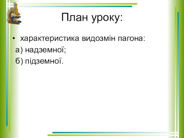 План уроку: характеристика видозмін пагона: а) надземної; б) підземної.