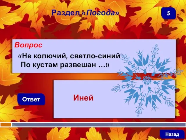 Вопрос «Не колючий, светло-синий По кустам развешан …» Ответ Раздел «Погода» Иней Назад 5