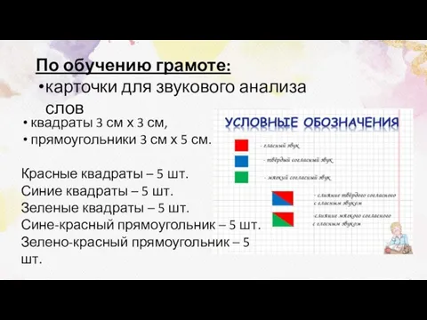 По обучению грамоте: карточки для звукового анализа слов квадраты 3 см